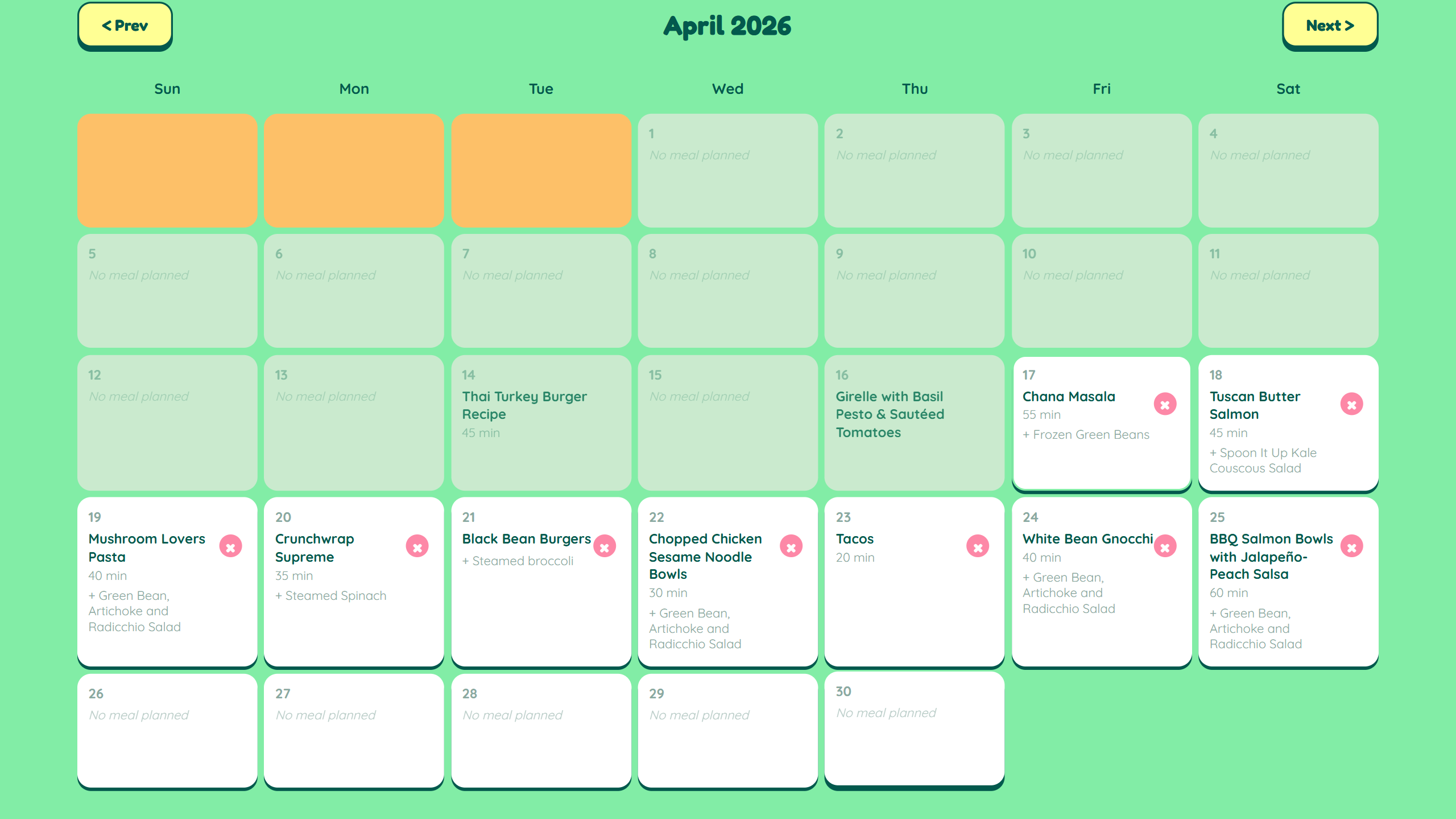 DinnerReady! weekly meal calendar