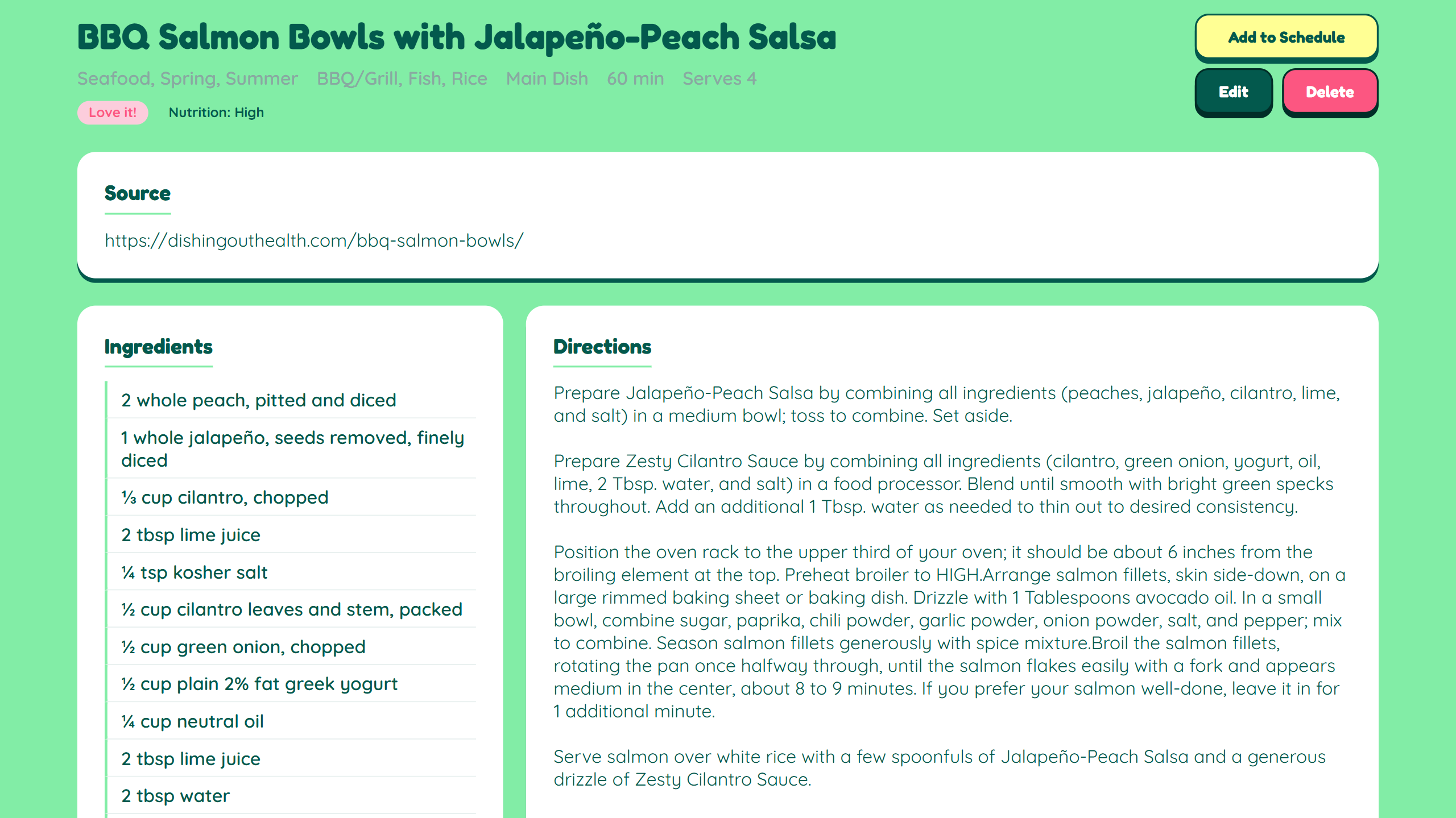 Individual recipe detail view