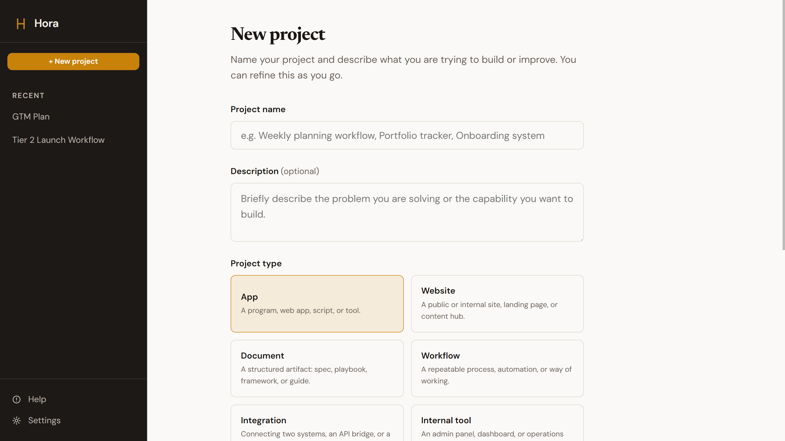 Hora app: new project creation screen showing project name, description, and build tool selection
