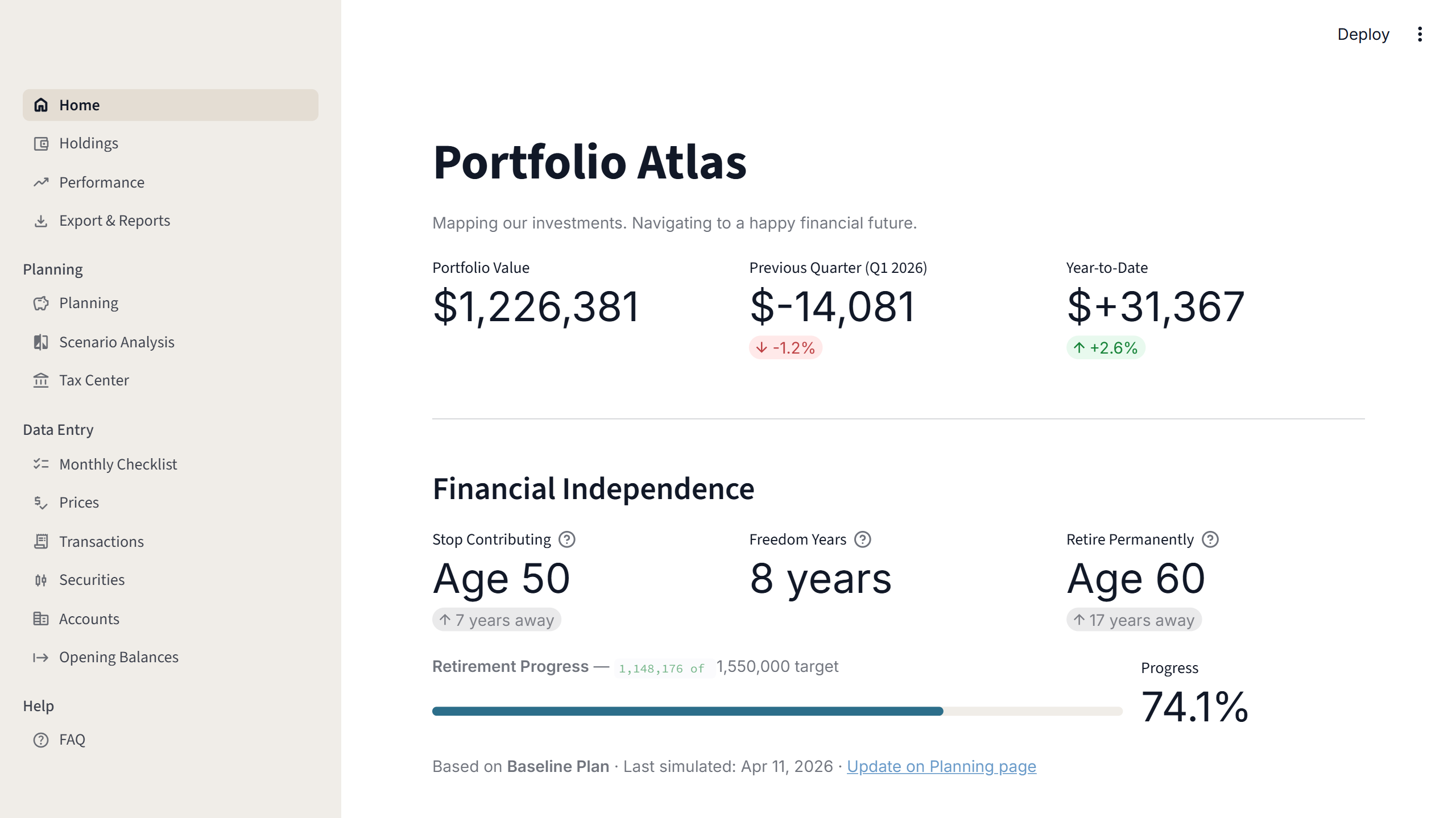 Portfolio Atlas dashboard homepage